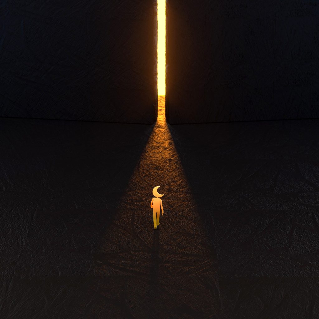 A man with a moon for a head walking toward a golden portal