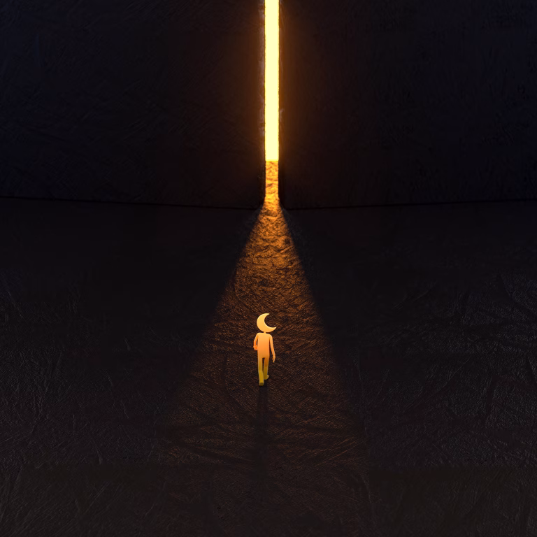 A man with a moon for a head walking toward a golden portal
